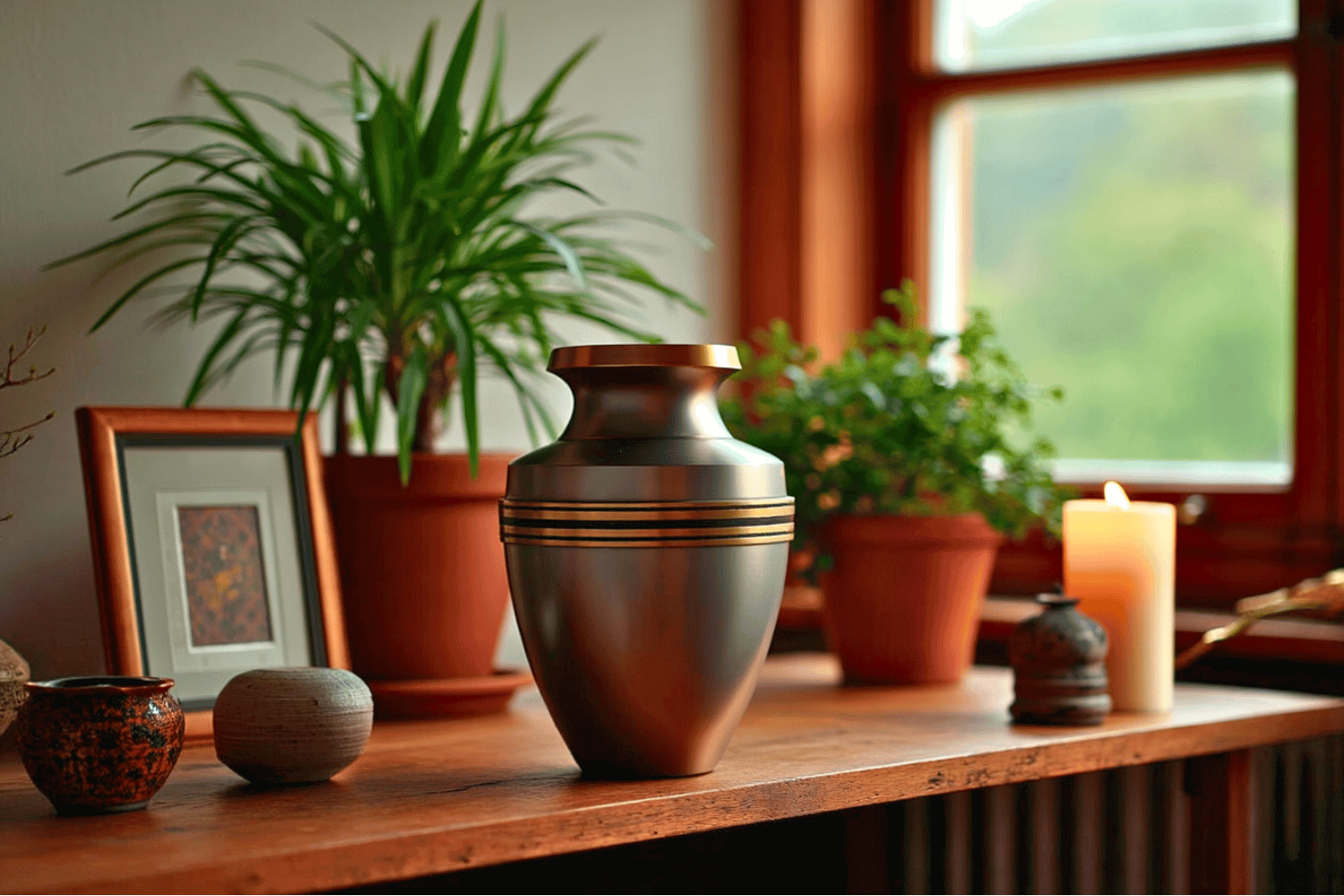 A metallic urn with gold bands sits on a wooden surface, surrounded by potted plants, small decorative objects, a framed picture, and a lit candle near a window.