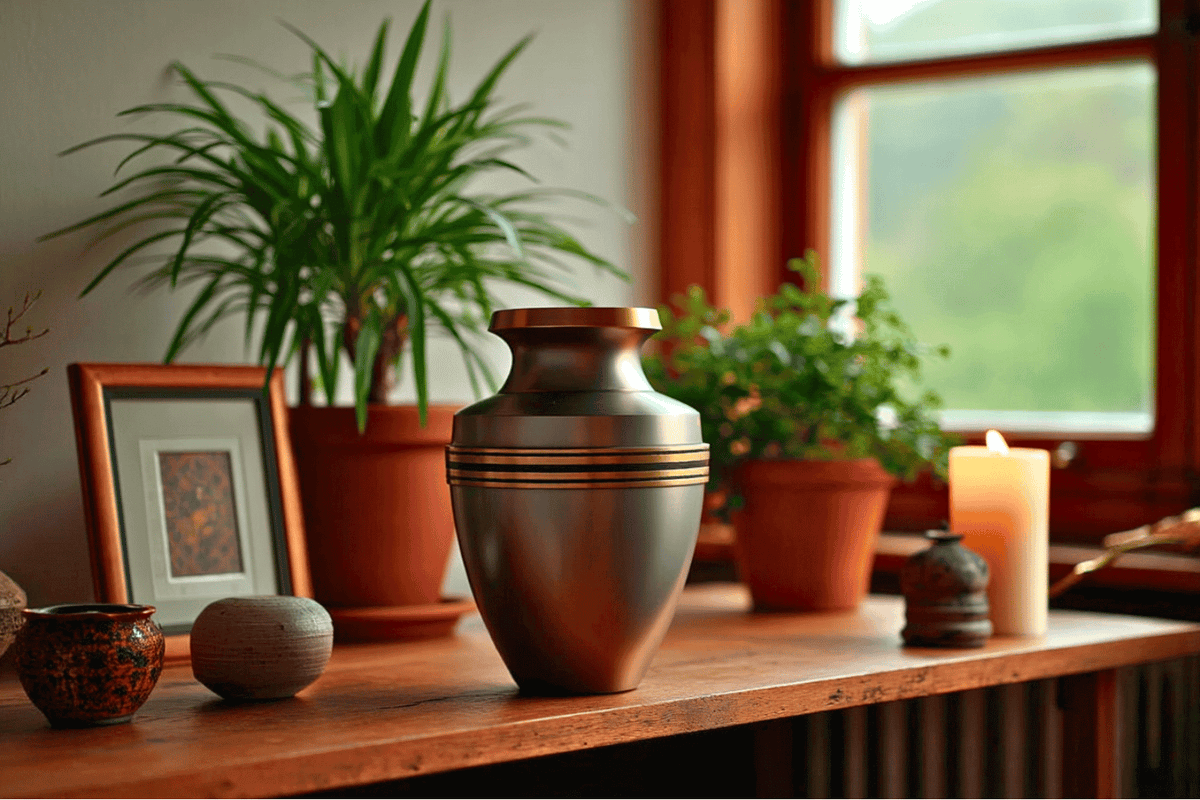 A metallic urn with gold bands sits on a wooden surface, surrounded by potted plants, small decorative objects, a framed picture, and a lit candle near a window.