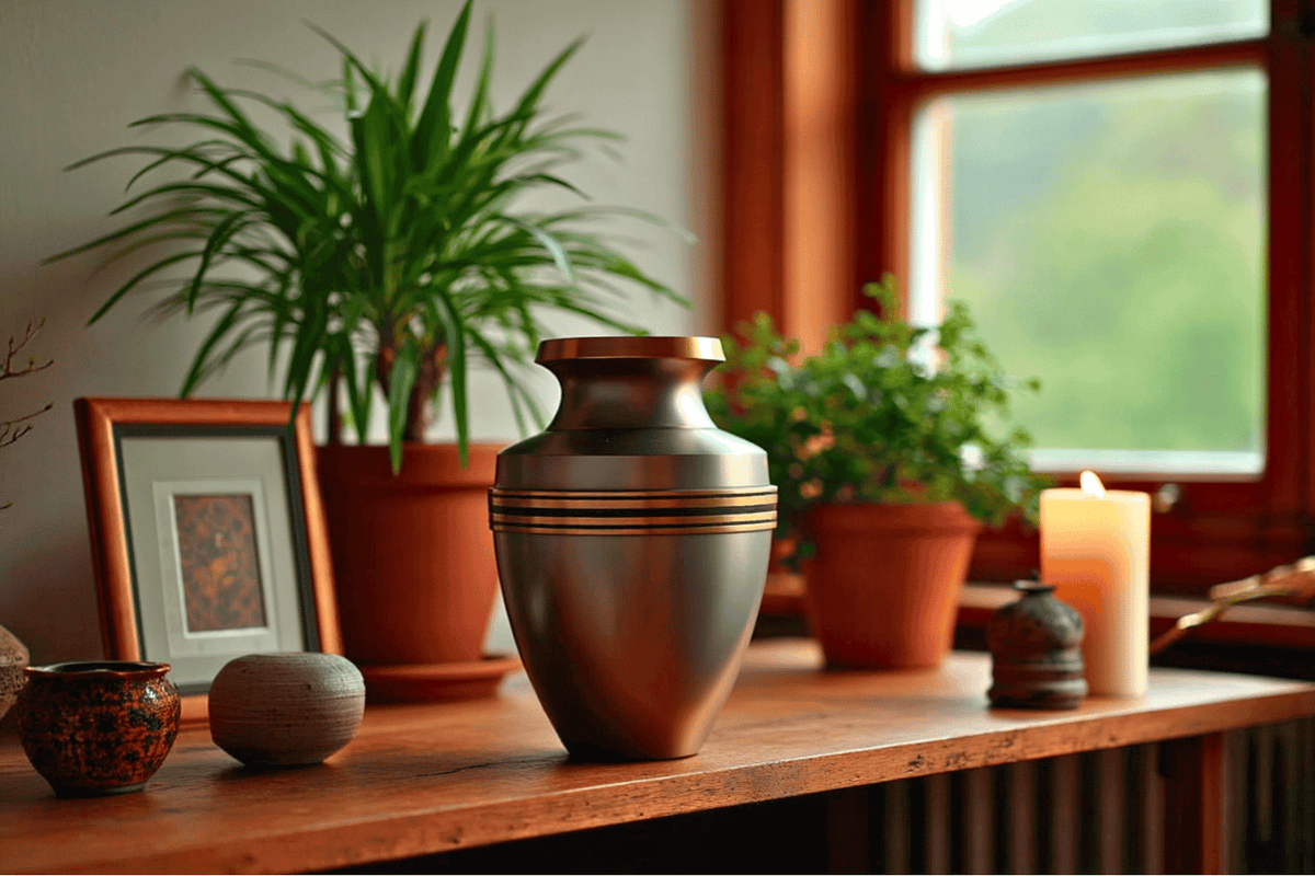 A metallic urn with gold bands sits on a wooden surface, surrounded by potted plants, small decorative objects, a framed picture, and a lit candle near a window.