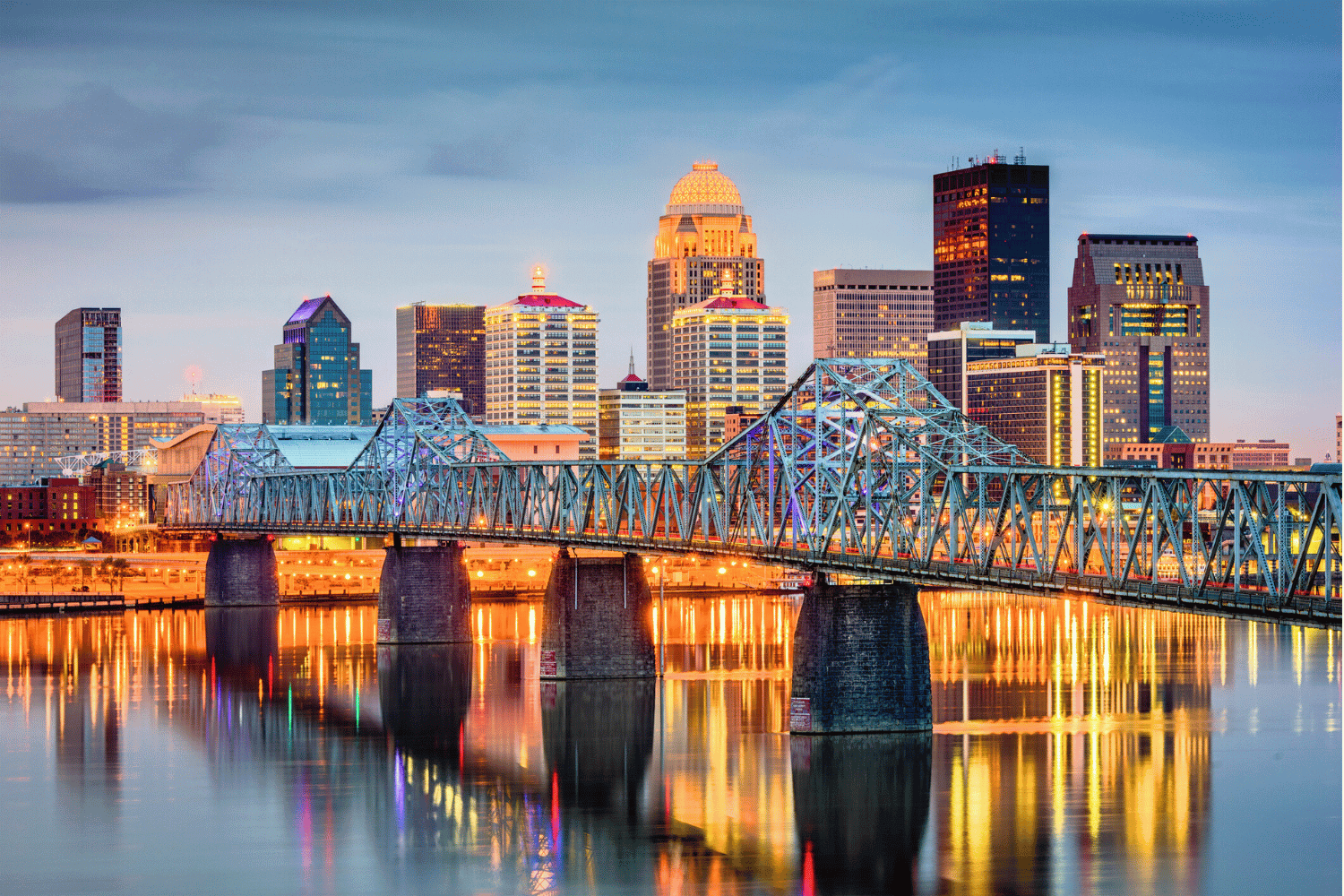 Cityscape of downtown Louisville, Kentucky, at dusk with the illuminated Big Four Bridge in the foreground crossing the Ohio River. The skyline features a mix of modern and historic high-rise buildings, including the dome-topped 400 West Market building