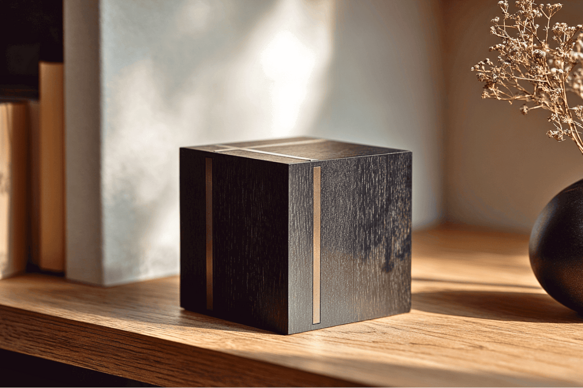 A sleek, black wooden cube-shaped cremation urn with inlays on two visible sides, placed on a wooden shelf beside books and a small vase of dried flowers, lit by soft natural sunlight.