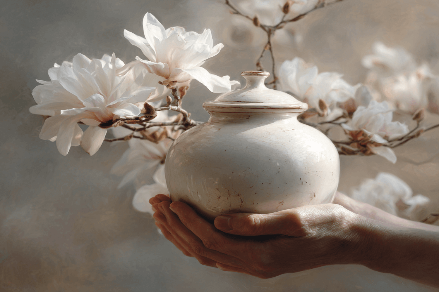A pair of hands gently holding a round, lidded ceramic cremation urn with a crackled glaze finish. In the background, delicate white magnolia flowers bloom on branches, softly lit with warm natural light against a muted backdrop.
