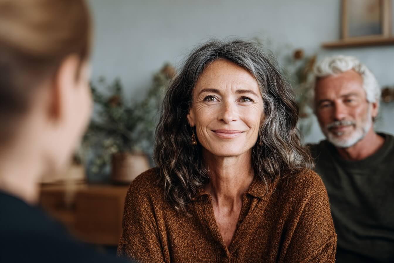 A smiling middle-aged woman with graying hair sits in a warmly lit room, facing a person with their back to the camera. A white-haired man sits slightly behind her, also smiling.