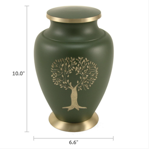 Aria cremation urn with brass-plated accents, shown with product dimensions of 10 inches tall and 6.6 inches wide.