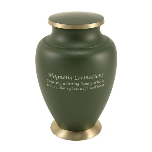 Aria brass cremation urn in green, showcasing an optional engraving for personalization.