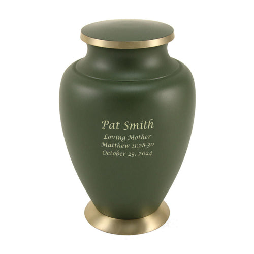 Matte green Aria cremation urn with brass Tree of Life design and example of engraving customization.