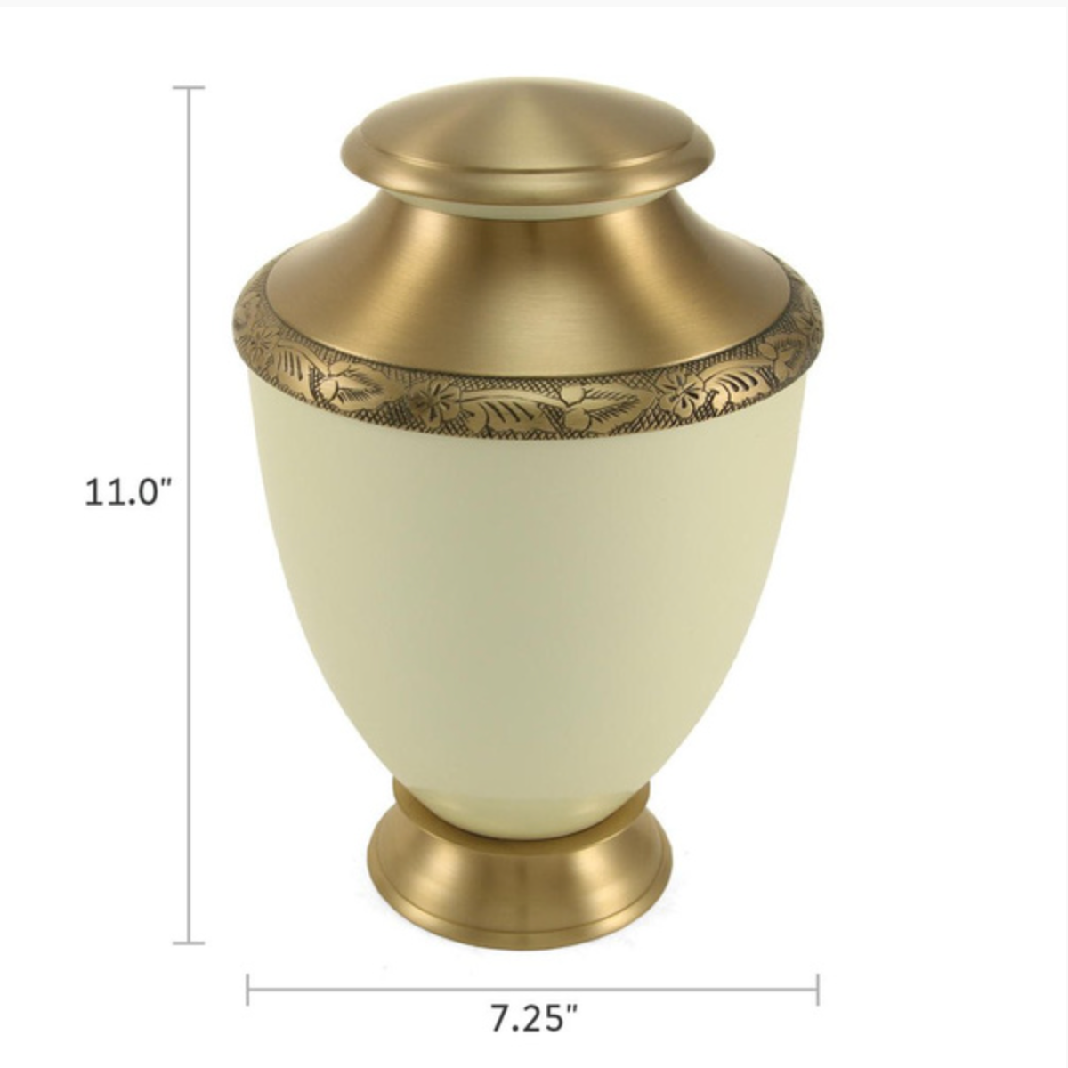 Artisan Collection urn with brass-plated trim, shown with product dimensions of 11 inches tall and 7.25 inches wide.