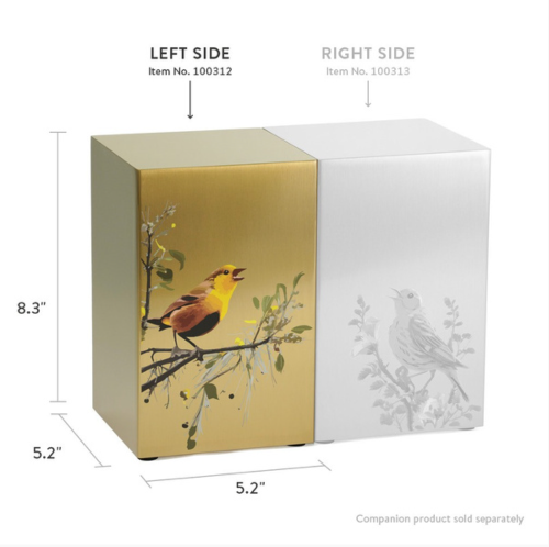 Diagram showcasing the Life Canvas Birds Bronze Left Side urn, measuring 8.3 inches tall, designed to pair with the Right Side urn.