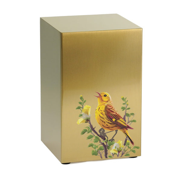 A bronze-finished stainless-steel cremation urn featuring a vibrant illustration of a yellow bird perched on a flowering branch.