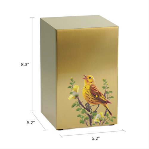 A dimensions guide for the right-side urn, indicating its size as 8.3 inches tall and 5.2 inches wide, with a golden bird design.