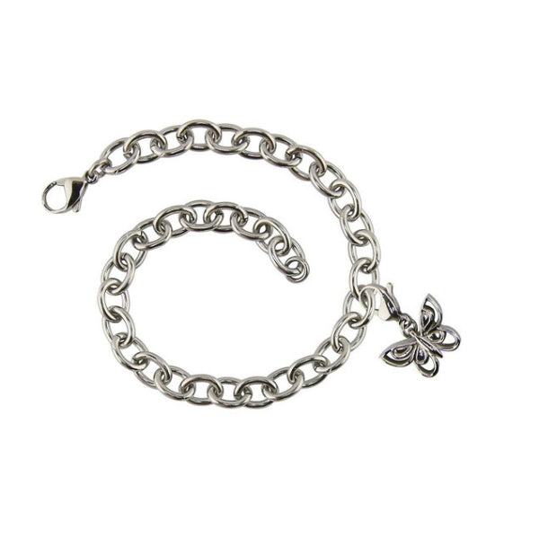 Butterfly Charm and Bracelet, available at Magnolia Cremations, crafted in stainless steel with a petite silver-tone butterfly charm. The bracelet is thoughtfully designed as a meaningful keepsake of your loved one's memory.