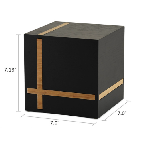 Bristol Ebony/Bamboo Extra-Large Cremation Urn with dimensions displayed. The urn measures 7.13 inches in height and 7.0 inches in width and depth. Made of black MDF with natural bamboo inlays in a modern geometric design. Features a sliding bottom panel. Custom engraving is available. 245 cubic inch capacity