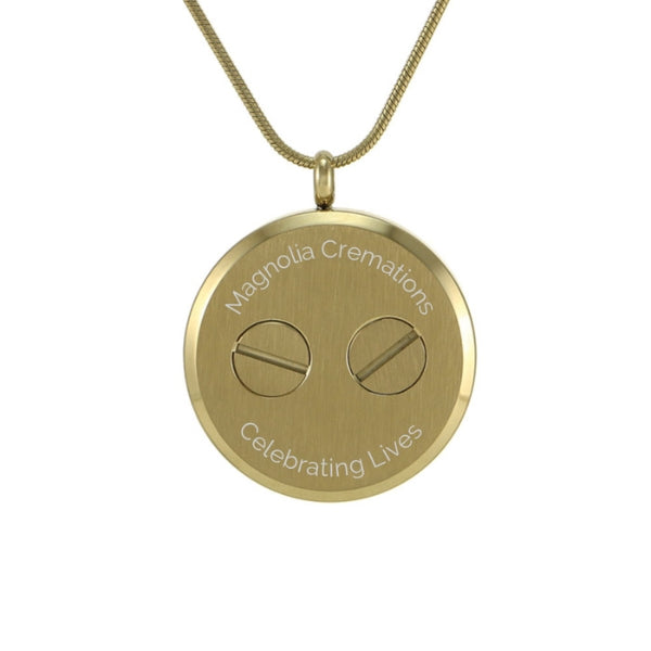 Bronze Companion Round Tree Pendant Necklace, available at Magnolia Cremations, shown from the back in gold-tone stainless steel with two secure compartments designed to hold ashes. Optional personalized engraving available.