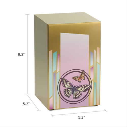 Life Canvas Butterflies Bronze Full-Size Cremation Urn with dimensions displayed. The urn measures 8.3 inches in height and 5.2 inches in width and depth. Features a brushed bronze stainless-steel finish with a pink and lavender gradient, two butterflies, and pastel geometric accents. Personalization with engraving is available. 200 cubic inch capacity.