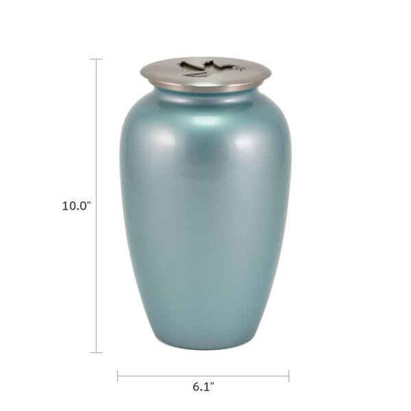 Light blue scattering urn with a silver-toned lid featuring a dove cutout. The urn is shown with dimensions: 10.0 inches tall and 6.1 inches wide.