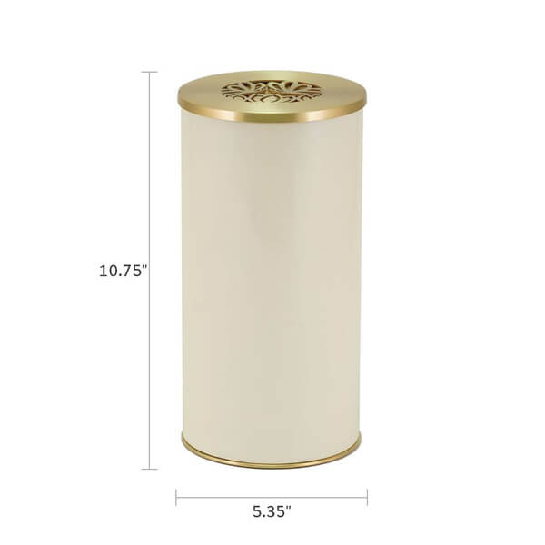 Cream-colored cylindrical scattering urn with a gold lid featuring a cut-out butterfly design. The urn is shown with dimensions: 10.75 inches in height and 5.35 inches in diameter.
