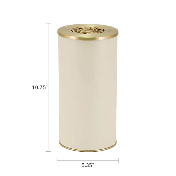 Cream-colored cylindrical scattering urn with a gold lid featuring a rose-shaped cutout design. The urn is shown with dimensions labeled: 10.75 inches tall and 5.35 inches in diameter.