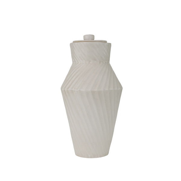 Deco Twist Beach Full-Size Ceramic Urn by Stoneware & Co., designed exclusively for Magnolia Cremations. This handcrafted urn in tranquil beach beige features a modern Art Deco-inspired twisted groove pattern, creating depth and elegance. A timeless tribute, suitable for individuals weighing up to 210 lbs.
