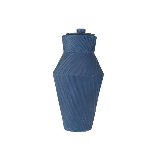 Deco Twist Sky Ceramic Urn by Stoneware & Co., featuring a soft sky blue finish and an Art Deco-inspired twisted groove design. The urn is displayed against a transparent background, highlighting its elegant shape and craftsmanship.