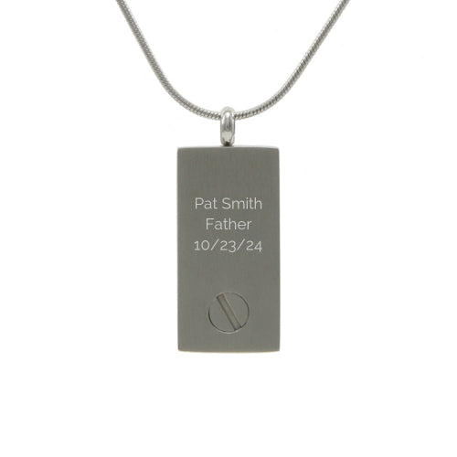 This image displays the back of the Embossed Pewter/Onyx Doves Memorial Necklace from Magnolia Cremations. The stainless steel pendant features an engravable surface and a discreet screw compartment at the bottom for securely holding a small portion of ashes. The pendant is paired with a matching 19-inch chain.