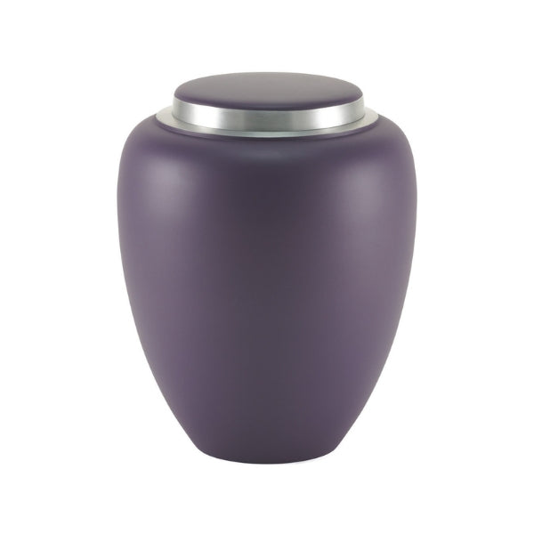 A contemporary memorial urn with a smooth, matte amethyst purple finish and a silver-toned lid. The minimalist design offers a modern and elegant tribute. Engraving is available.