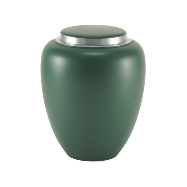 A modern memorial urn with a matte emerald green finish and a silver-toned lid. Engraving is available for personalization.