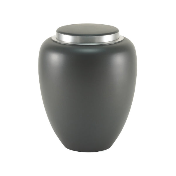 A matte granite gray memorial urn with a silver lid. The urn has a smooth, contemporary design and is suitable for personalization.