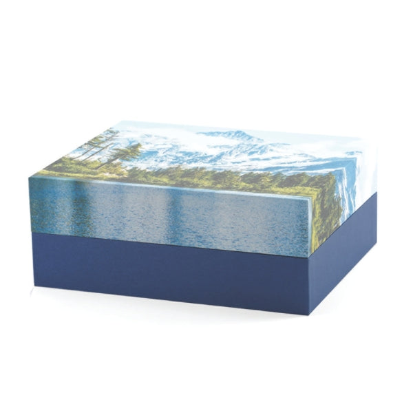 A rectangular eco-friendly memorial urn with a serene mountain and lake scene printed on the lid. The base is a deep navy blue, complementing the natural landscape imagery. Designed for scattering or burial.