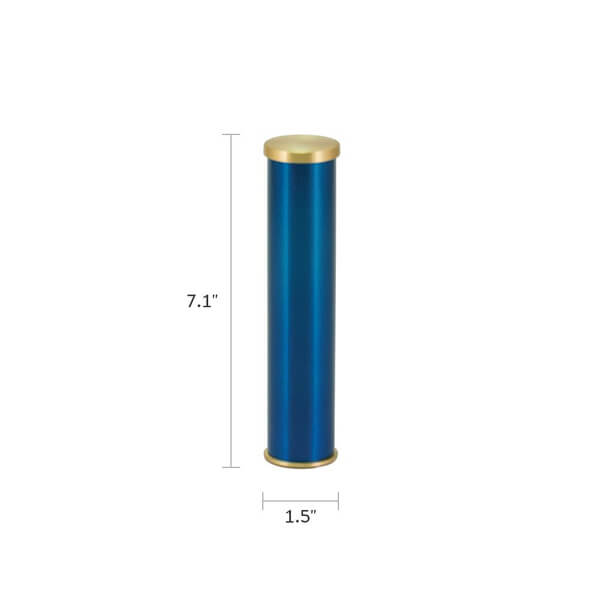A tall, cylindrical scattering urn with a metallic blue body and gold-colored caps on the top and bottom. The image includes dimensions, indicating the urn is 7.1 inches tall and 1.5 inches in diameter.