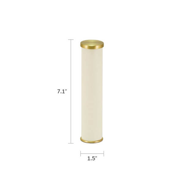 A cylindrical scattering keepsake urn with a cream-colored body and gold-colored top and bottom caps. The urn is shown with dimensions labeled: 7.1 inches in height and 1.5 inches in diameter.