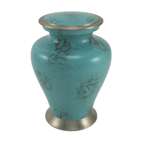 A teal blue memorial urn with a black marble-like pattern, featuring a classic rounded shape with a wide base and flared top. The urn is accented with brushed silver-tone brass on the rim and base. Engraving is available for personalization.