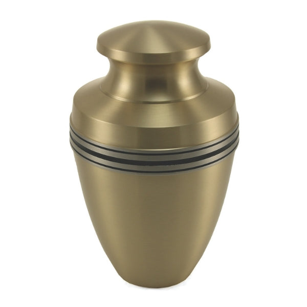 A metallic gold urn with black accent bands encircling the upper portion. It has a smooth, polished finish and a gently tapered shape with a rounded, domed lid. Engraving is available for personalization.