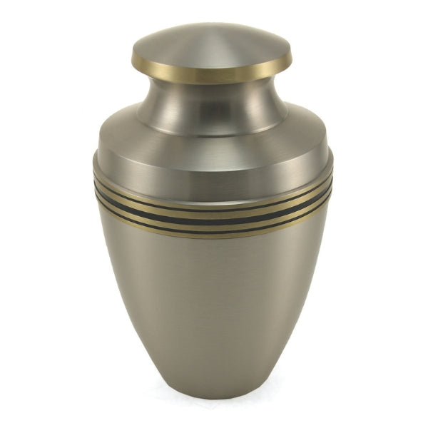 A metallic silver urn with gold and black accent bands around its upper section. The urn has a smooth, polished finish and a traditional shape with a domed lid. Engraving is available for personalization.
