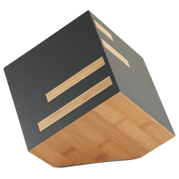 A modern cremation urn with a geometric cube design, featuring a matte black finish accented by natural bamboo panels. The sleek, minimalist aesthetic combines eco-friendly materials with contemporary elegance. Engraving is available for personalization, making this urn a refined and meaningful tribute.