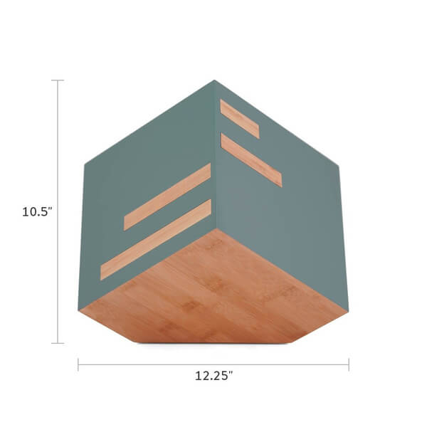 Modern cremation urn with sage green sides and a bamboo base, featuring horizontal bamboo inlays. The urn is cube-shaped and shown with dimensions: 10.5 inches tall and 12.25 inches wide.