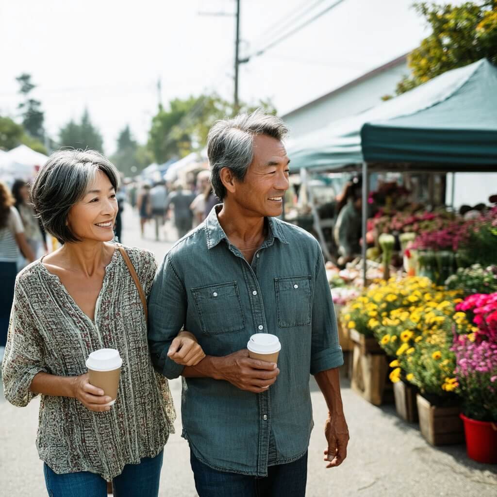 An older couple walks arm in arm through an outdoor market on a sunny day, each holding a paper coffee cup. The woman is smiling and wearing a patterned blouse, while the man is wearing a denim button-up shirt and looking to the side. Colorful flowers and produce are displayed on tables under tents behind them, and other market-goers can be seen in the background.