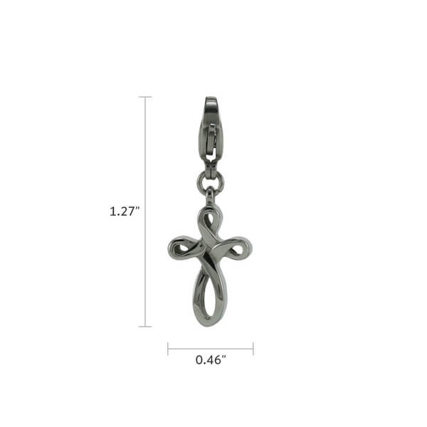 The Infinity Cross Keepsake Charm, available at Magnolia Cremations, is a petite silver-tone stainless steel charm featuring a looping cross design. Measuring approximately 1.27 inches in height and 0.46 inches in width, this charm is designed to discreetly hold a small portion of ashes. The secure clasp allows for easy attachment to a bracelet or necklace.