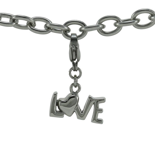 The Love Keepsake Charm, available at Magnolia Cremations, is a silver-tone stainless steel charm designed in the shape of the word "LOVE," with a heart accent replacing the letter "O." This petite charm discreetly holds a small portion of ashes and attaches securely to a bracelet or necklace with a sturdy clasp.