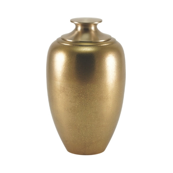 A contemporary cremation urn from the Luna Collection, featuring a gracefully tapered silhouette and a warm textured golden finish. Its smooth curves and subtle metallic sheen create an elegant tribute, blending modern design with timeless beauty. Personalization options are available, allowing for custom engraving to honor a loved one in a meaningful way.