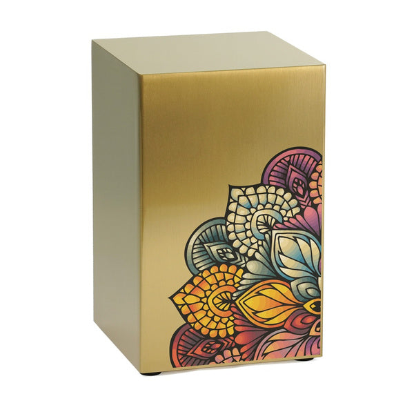 Mandala in Bronze Companion Urn – A contemporary cremation urn from Magnolia Cremations, featuring a warm bronze finish and an intricate, vibrant mandala design. Crafted from durable stainless steel, this artistic memorial piece offers both beauty and lasting strength. Designed for home display, it can be paired with a matching urn for a companion tribute. Personalization available.