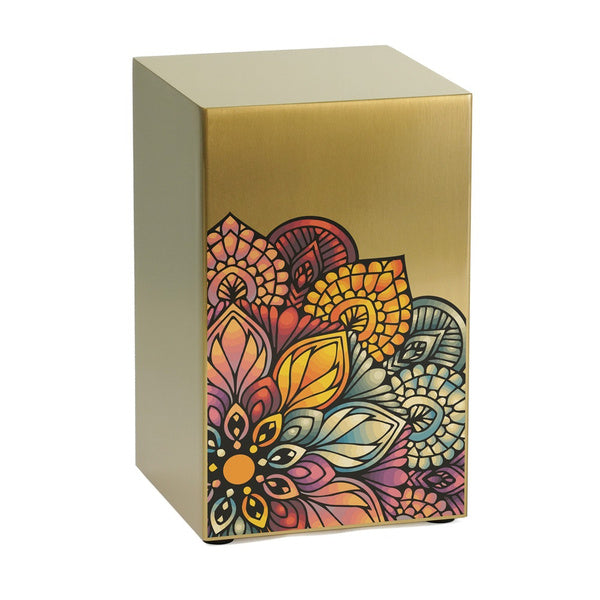 Mandala in Bronze Companion Urn (Right Side) by Magnolia Cremations, featuring an intricate and colorful mandala design on a brushed bronze surface. This contemporary cremation urn offers a meaningful tribute with its artistic details and personalized engraving options. Designed for individual use or as part of a companion urn set.