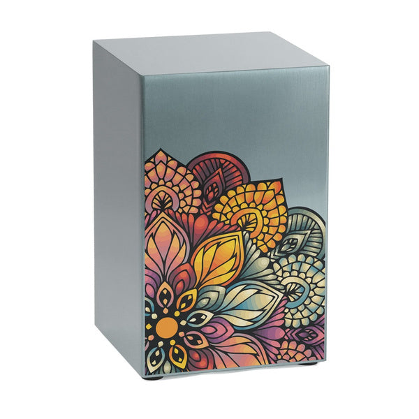 Mandala in Pewter Companion Urn – Right Side by Magnolia Cremations, featuring a stunning brushed pewter finish with an intricate, multicolored mandala design. This contemporary cremation urn blends modern craftsmanship with artistic symbolism, offering a vibrant tribute to a cherished life. Part of a companion set, it can be displayed individually or paired with its matching counterpart for a meaningful memorial display.
