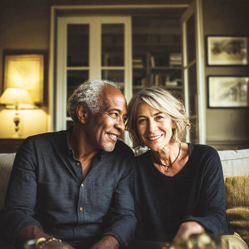 An older couple sits closely together on a couch in a warmly lit living room. The man, with short gray hair and wearing a dark shirt, smiles while looking at the woman. The woman, with shoulder-length blonde hair and wearing a dark top, smiles directly at the camera. They appear relaxed and happy, with a cozy home environment in the background including bookshelves, framed pictures, and a softly glowing lamp.