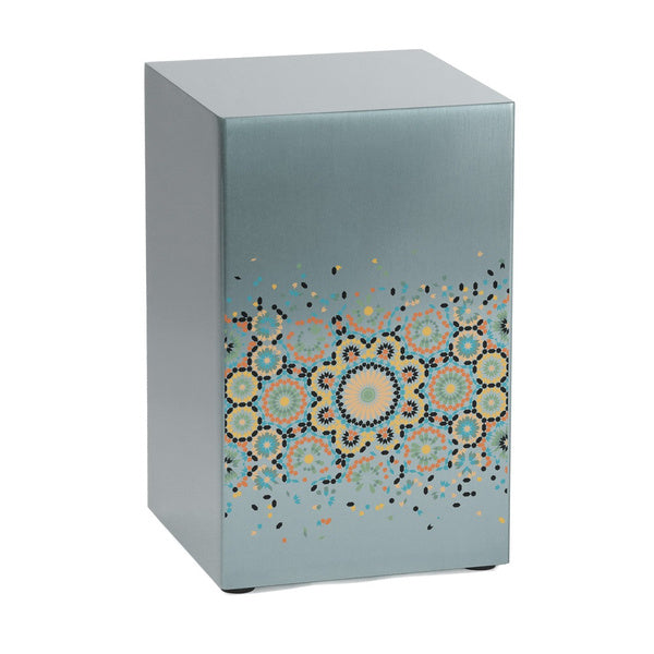 Magnolia Cremations Mosaic in Pewter Memorial Urn, featuring a brushed pewter-tone stainless steel finish with an intricate mosaic-inspired design. This contemporary urn blends modern elegance with artistic expression. Engraving is available for personalization.