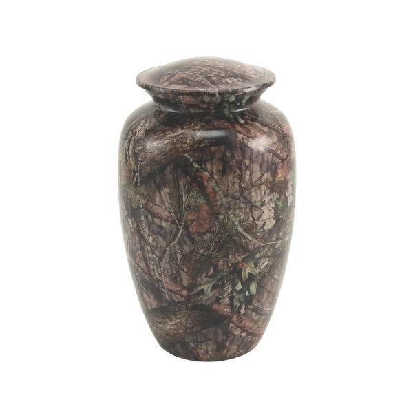 Magnolia Cremations Mossy Oak Camo Memorial Urn, a full-size aluminum urn featuring an authentic Mossy Oak Break-Up Country camouflage design. Perfect for honoring a hunter, fisherman, or nature lover, this rugged yet elegant urn reflects a deep connection to the outdoors. Engraving is available for a personalized tribute.