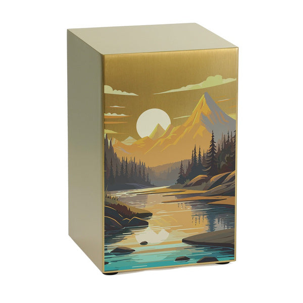 Mountain Landscape in Bronze Memorial Urn by Magnolia Cremations, featuring a stunning nature-inspired design with towering peaks, a serene river, and a glowing sunset. Crafted from brushed stainless steel, this contemporary urn blends artistry and elegance to create a meaningful tribute. Engraving available.