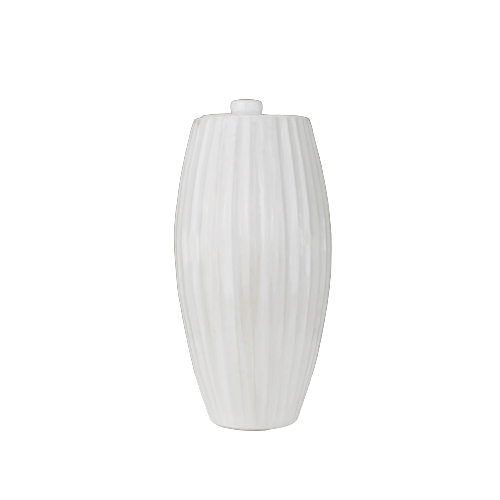 A full-size ceramic urn in cloud white with a gently fluted design, part of the exclusive Nouveau Groove collection for Magnolia Cremations by Stoneware & Co. The urn features an Art Nouveau-inspired silhouette with smooth vertical ridges and a rounded lid. Its soft white finish gives it a refined and timeless look. The background is transparent, isolating the urn for a clean, detailed view.