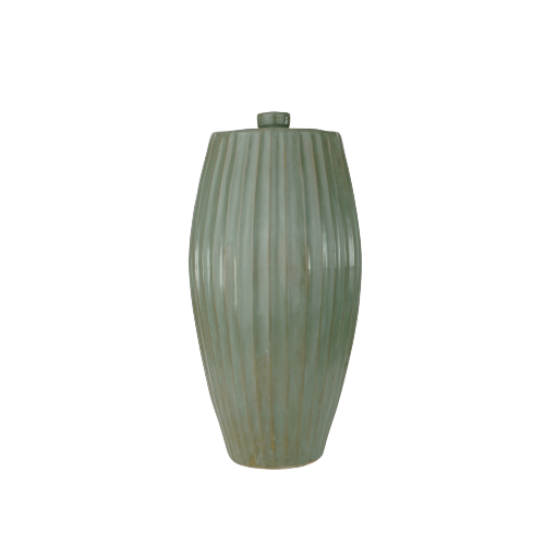 A full-size ceramic urn in forest green from the exclusive Nouveau Groove collection for Magnolia Cremations by Stoneware & Co. This urn features an elegant Art Nouveau-inspired design with vertical ridges that add texture and depth. The rich green glaze has a natural, slightly weathered look, enhancing its timeless aesthetic. The urn is photographed against a transparent background, highlighting its graceful curves and refined craftsmanship.