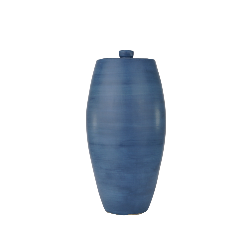 The Nouveau Pure Sky Memorial Urn, an exclusive design for Magnolia Cremations by Stoneware & Co., is displayed against a transparent background. This full-size ceramic urn features a smooth, tapered silhouette with a tranquil sky blue glaze, showcasing delicate variations in tone. Its Art Nouveau-inspired design emphasizes understated elegance, offering a serene and timeless tribute. The urn is topped with a matching ceramic lid for a cohesive and refined look.