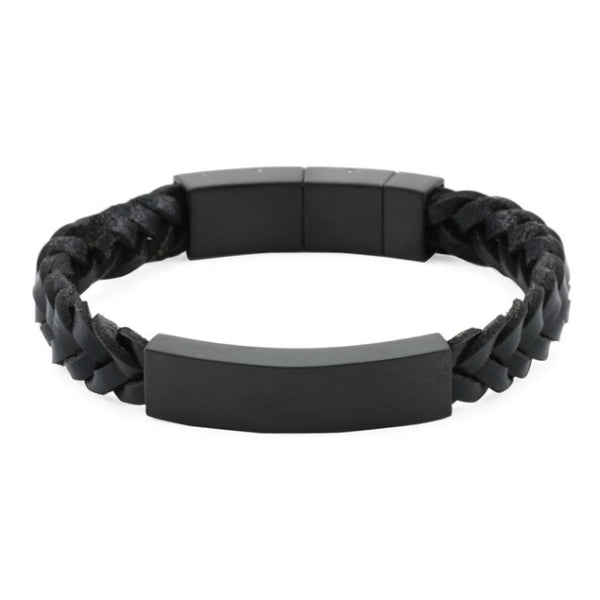 The Onyx/Black Braided Leather Bracelet, available at Magnolia Cremations, is a sophisticated memorial piece featuring a black braided leather band and a sleek stainless steel plate. This modern bracelet discreetly holds a small portion of ashes in a secure compartment and offers an engraving option for personalization. Designed for both comfort and durability, it comes in a timeless black finish.